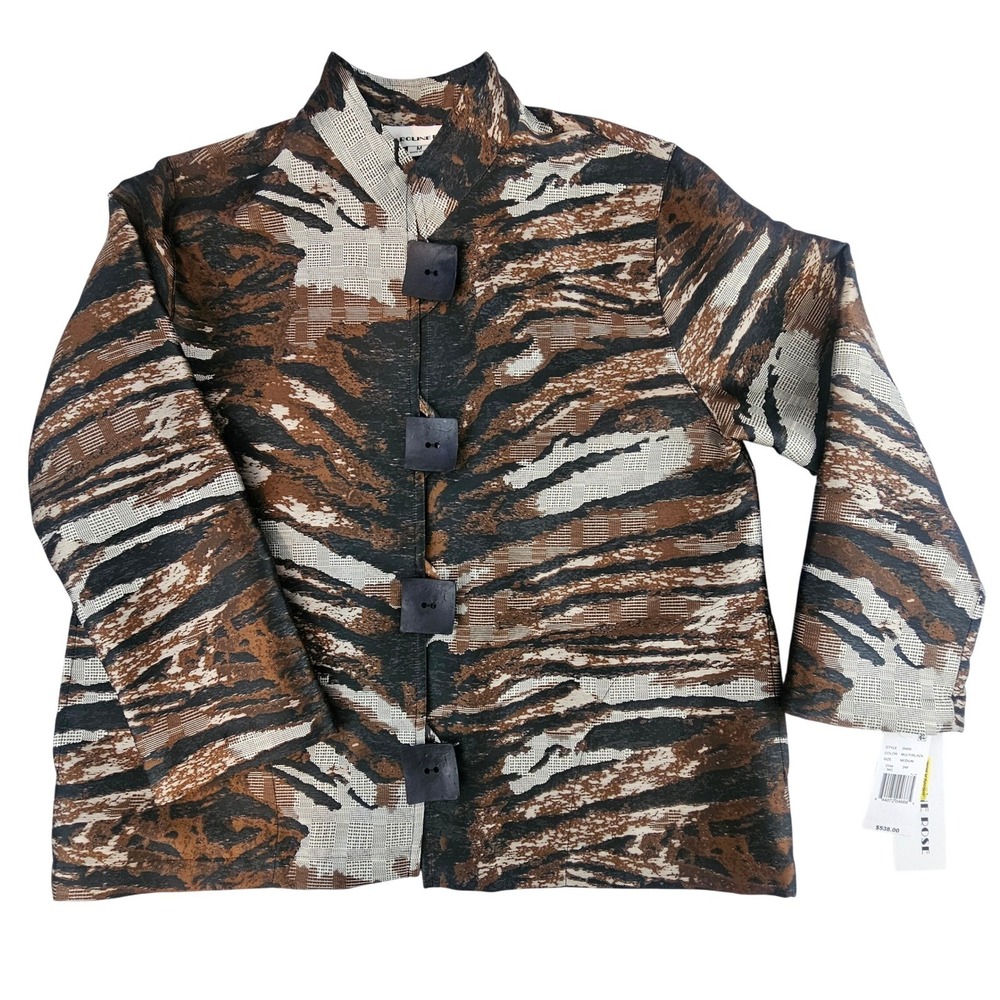 Caroline Rose Medium Tigress Jacquard Wooden Button Jacket Luxury NWT $538 L711